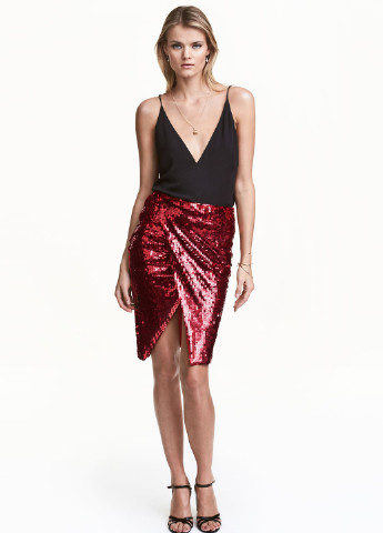 Темно-красная кэжуал однотонная юбка H&M на запах