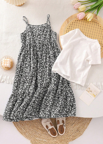 Черно-белый летний костюм (футболка, сарафан) SHEIN