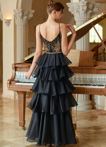 Черное вечернее платье клеш, с открытой спиной SHEIN однотонное