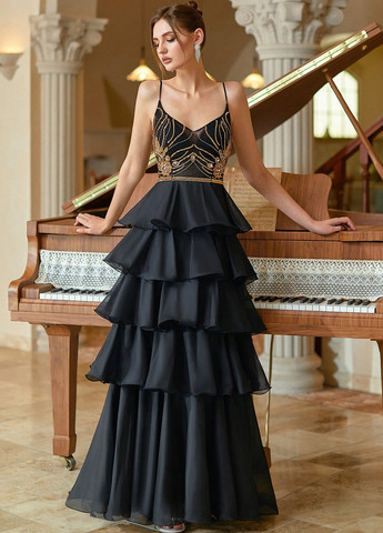 Черное вечернее платье клеш, с открытой спиной SHEIN однотонное