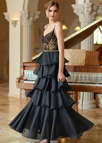 Черное вечернее платье клеш, с открытой спиной SHEIN однотонное