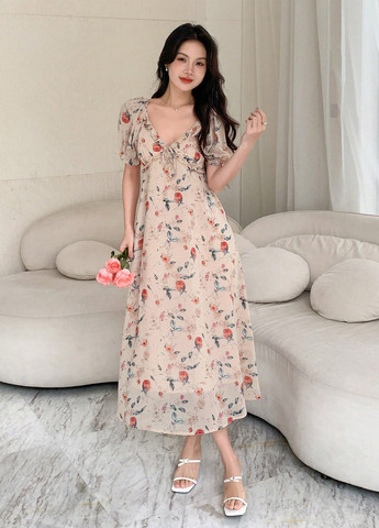 Кремова кежуал сукня в стилі армпір SHEIN з квітковим принтом