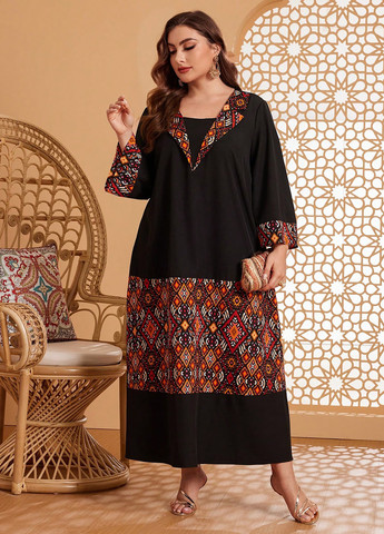 Черное кэжуал платье а-силуэт SHEIN с орнаментом