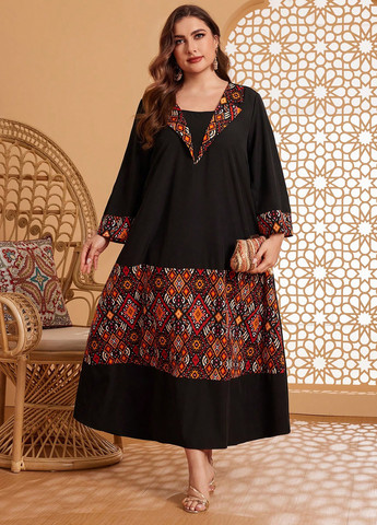 Черное кэжуал платье а-силуэт SHEIN с орнаментом