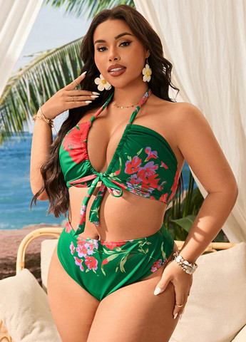 Комбинированный летний купальник (лиф, трусики, юбка) халтер, раздельный SHEIN