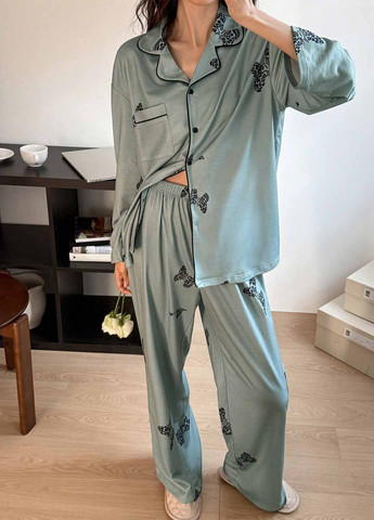 Сіро-зелена всесезон піжама (сорочка, штани) сорочка + брюки SHEIN