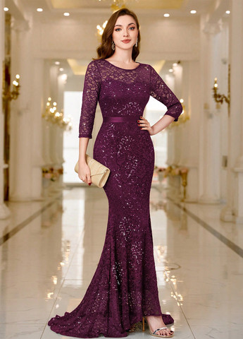 Сливова вечірня сукня годе, зі шлейфом SHEIN однотонна