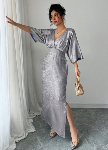 Серое праздничный, вечернее платье в стиле ампир SHEIN однотонное