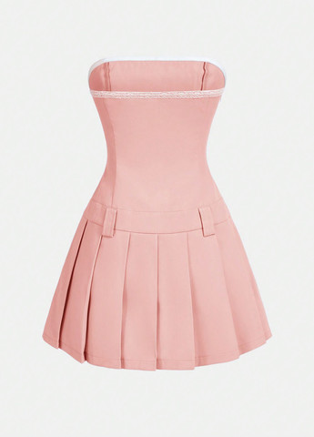 Светло-розовое кэжуал платье плиссированное, клеш, бандо SHEIN однотонное