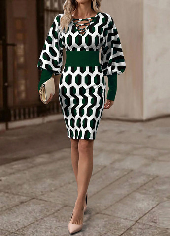 Темно-зеленое деловое, кэжуал платье футляр SHEIN с геометрическим узором