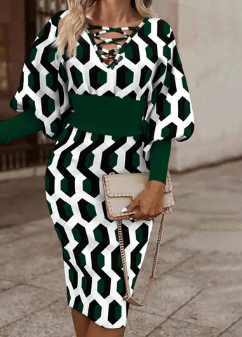 Темно-зеленое деловое, кэжуал платье футляр SHEIN с геометрическим узором