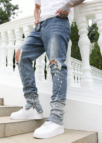 Серо-синие демисезонные слим джинсы SHEIN