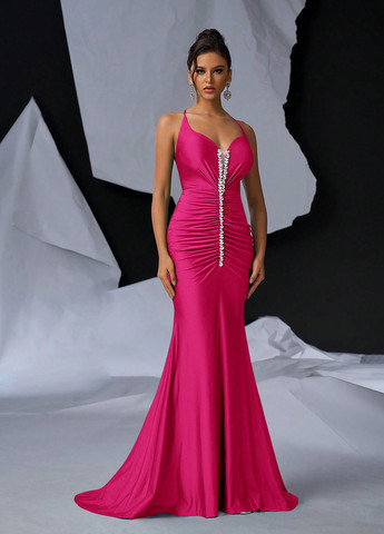 Фуксиновое (цвета Фуксия) вечернее платье годе, с открытой спиной SHEIN однотонное