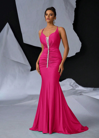 Фуксиновое (цвета Фуксия) вечернее платье годе, с открытой спиной SHEIN однотонное
