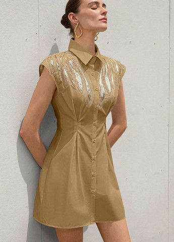 Песочное деловое, кэжуал платье колокол, рубашка SHEIN однотонное