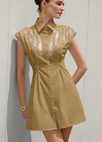 Песочное деловое, кэжуал платье колокол, рубашка SHEIN однотонное