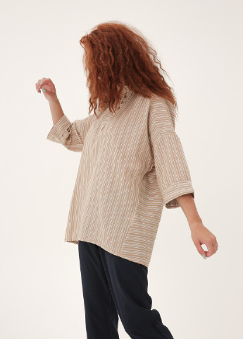 Бежева літня блузка з натурального льону в дрібну смужку INNOE Блуза оверсайз