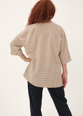 Бежева літня блузка з натурального льону в дрібну смужку INNOE Блуза оверсайз