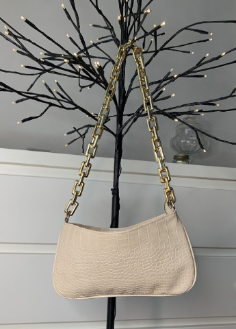 Женская классическая сумочка багет на толстой золотой цепочке рептилия бежевая NoName (251204350)