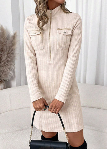 Бежева кежуал сукня сукня-водолазка, силуетна SHEIN однотонна