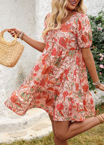 Помаранчево-червона кежуал сукня а-силует, в стилі армпір SHEIN з квітковим принтом