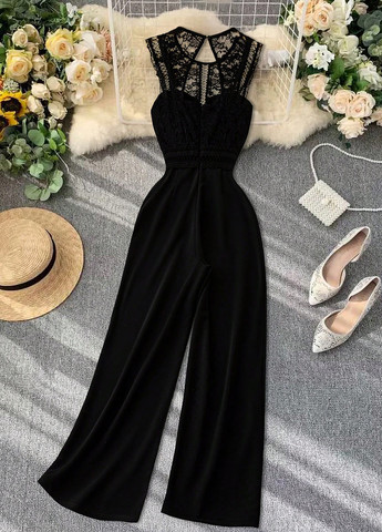 Комбинезон SHEIN комбинезон-брюки однотонный чёрный вечерний полиэстер, трикотаж