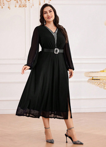 Чорна вечірня сукня кльош SHEIN однотонна