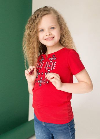 Вишита футболка для дівчинки на короткий рукав Зоряне сяйво на червоному Melanika (228040580)