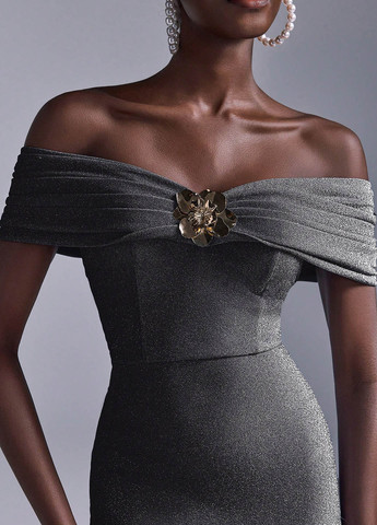 Серебряное праздничный, вечернее платье годе SHEIN однотонное