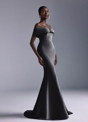 Серебряное праздничный, вечернее платье годе SHEIN однотонное