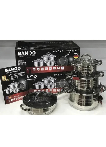 Набор нержавеющих кастрюль 8 предметов BN-5004 Banoo однотонная серая нержавеющая сталь