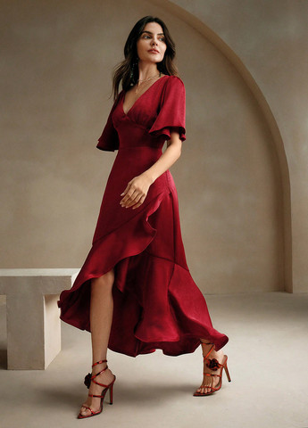 Бордовое вечернее, кэжуал платье на запах SHEIN однотонное