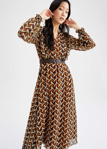 Коричневое кэжуал платье клеш DeFacto с абстрактным узором