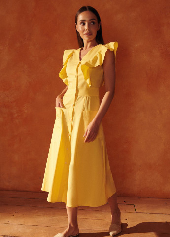 Желтое кэжуал желтое миди-платье на пуговицах Gepur однотонное