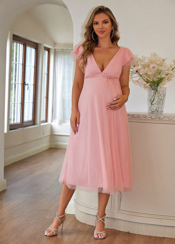 Світло-рожева вечірня сукня для вагітних з спідницею-сонце, в стилі армпір, з відкритою спиною SHEIN однотонна