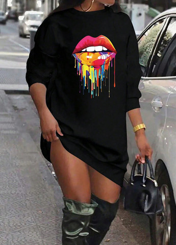 Черное кэжуал платье платье-свитшот, оверсайз SHEIN с рисунком