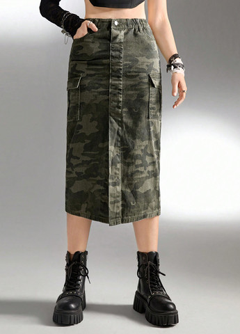 Оливковая (хаки) джинсовая камуфляжная юбка SHEIN карго