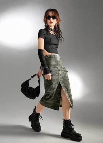 Оливковая (хаки) джинсовая камуфляжная юбка SHEIN карго