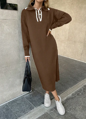 Коричневое кэжуал платье платье-свитер SHEIN колор блок