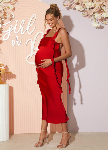 Червона вечірня плаття для вагітних силуетна, з відкритою спиною SHEIN однотонна