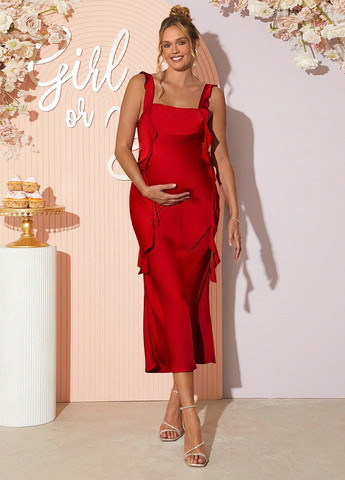 Червона вечірня плаття для вагітних силуетна, з відкритою спиною SHEIN однотонна