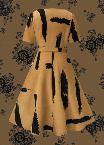 Горчичное кэжуал платье на запах SHEIN с абстрактным узором