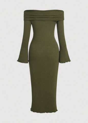 Оливковое (хаки) кэжуал платье с открытыми плечами SHEIN