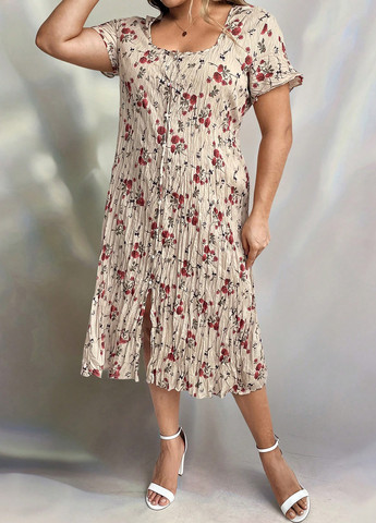 Бежевое кэжуал платье а-силуэт SHEIN с цветочным принтом