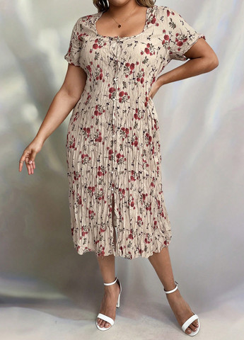 Бежевое кэжуал платье а-силуэт SHEIN с цветочным принтом