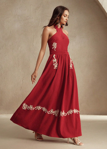 Красное вечернее платье клеш, с открытой спиной SHEIN с цветочным принтом