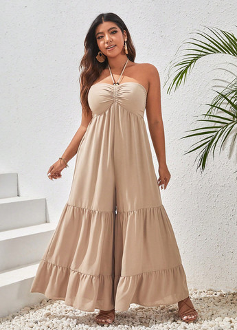 Комбинезон SHEIN комбинезон-брюки однотонный светло-бежевый кэжуал полиэстер