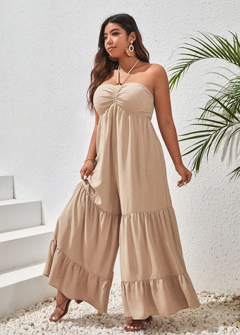 Комбинезон SHEIN комбинезон-брюки однотонный светло-бежевый кэжуал полиэстер