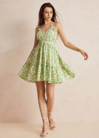 Светло-зеленое кэжуал платье с открытой спиной SHEIN с цветочным принтом