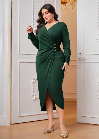 Изумрудное кэжуал, вечернее платье на запах SHEIN однотонное